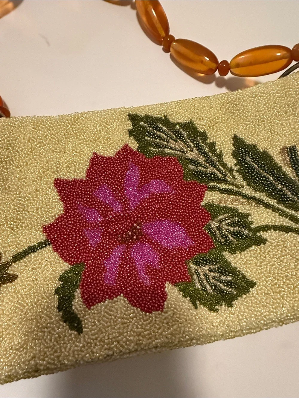 Beaded Floral Wristlet Clutch in Cream with Pink Flower